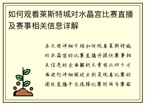 如何观看莱斯特城对水晶宫比赛直播及赛事相关信息详解