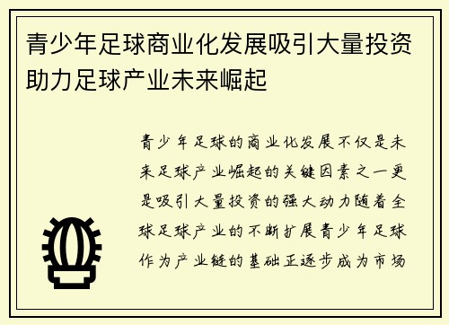 青少年足球商业化发展吸引大量投资助力足球产业未来崛起 青少年足球商业化发展吸引大量投资助力足球产业未来崛起