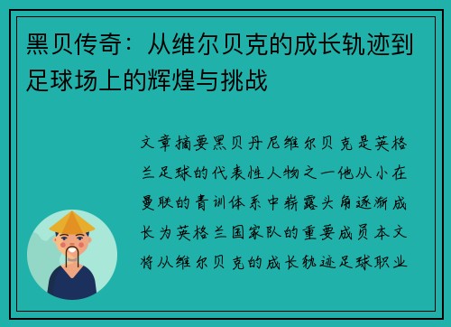 黑贝传奇:从维尔贝克的成长轨迹到足球场上的辉煌与挑战 黑贝传奇:从维尔贝克的成长轨迹到足球场上的辉煌与挑战